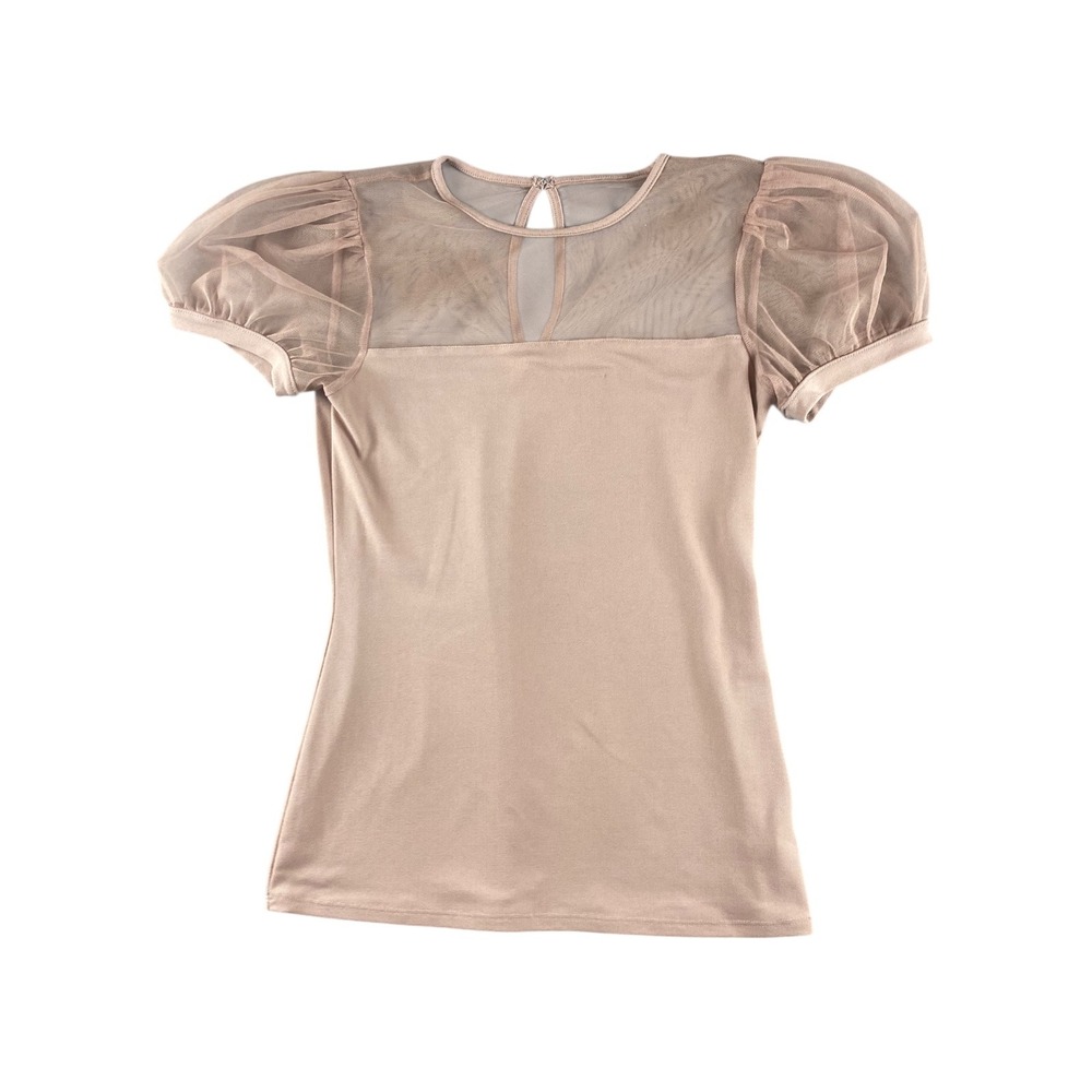 Express Sheer Mesh Puff Sleeve Keyhole Neck Top Beige Size Medium